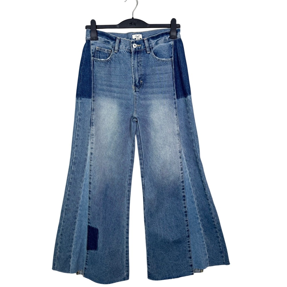 Y2K Patchwork Flare‎ Jeans Wide Leg Colorblock Denim Raw Hem 29